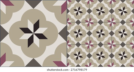 Weiches, neutrales Keramikfliesendesign mit floraler Geometrie in Beige- und Taupe-Tönen, ideal für elegante und zeitlose dekorative Hintergründe. Nahtloses Vektormuster.