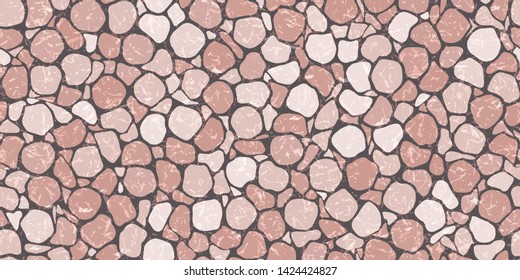 Soft neutral and pink textured crazy paving or terrazzo Seamless Repeat Vector Pattern. Thousands of random non-overlapping elements. Generative Art (made with code).