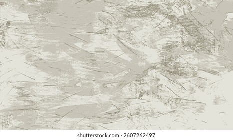 Soft, neutral-toned abstract texture featuring layered brushstrokes in beige and muted brown hues. Scattered distressed strokes create a rustic contemporary effect, weathered surfaces or aged plaster