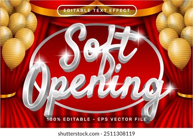 soft opening 3d text effect and editable text effect with red curtains and balloon illustration