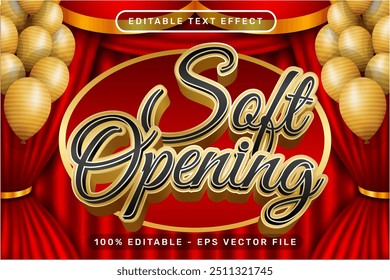 soft opening 3d text effect and editable text effect with red curtains and balloon illustration