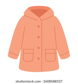 Soft orange coat with buttons and hood in flat cartoon style. Great for spring wardrobe themes.
