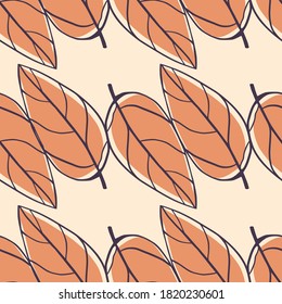 Soft orange contoured leaf seamless pattern. Outline abstract silhouettes on light pink background. Designed for wallpaper, textile, wrapping paper, fabric print. Vector illustration.
