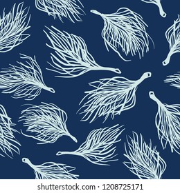 Soft Ostrich Feather Japanese Seamless Vector Pattern. Hand Stitch Indigo Blue Nature Texture for Textile Dye Prints, Classic Japan Decor, Asian Style Backdrop or Elegant Simple Packaging Gift Wrap.