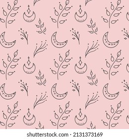 Soft outline seamless pattern with branches and crescent. Esoteric illustration