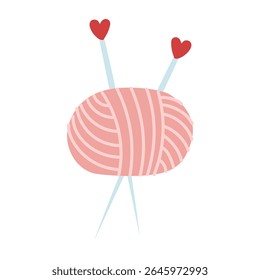 Soft oval yarn with hearts inside. An isolated item handwork. cozy atmosphere. flat color illustration. For designing websites about knitting, handicrafts, apps, blogs, printed products, hobby items