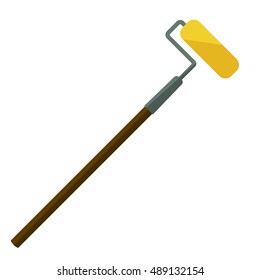 soft paint roller on a long handle of wood. vector illustration. tool for paint surfaces isolated on white background