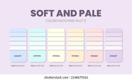 Soft and pale color palettes or color schemes are trends combinations and palette guides this year; table color shades in RGB or HEX. A color swatch for a  soft pale fashion, home, or interior design