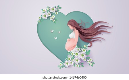 A soft paper cut style illustration showing a pregnant woman and a green heart with flowers, perfect for Mother's Day, maternity, and family wellness themes.