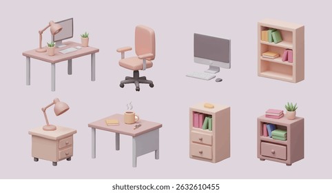 A soft pastel 3D icon set of home office essentials. Includes a computer desk, office chair, monitor, lamp, bookshelves, coffee mug, potted plants, and side tables. Rendered in a minimal clay style wi