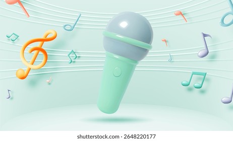 Um pastel suave 3D ilustração de um microfone flutuando entre notas de música vibrantes e linhas curvas representando a melodia.

