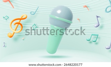 A soft pastel 3D illustration of a microphone floating among vibrant music notes and curved lines representing melody.

