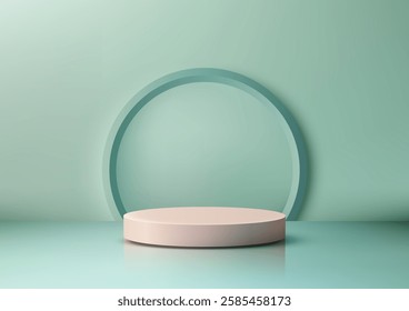 soft pastel 3d scene featuring a light pink cylindrical pedestal on a reflective mint green surface, light blue arched frame, perfect for modern product displays and creative mockups