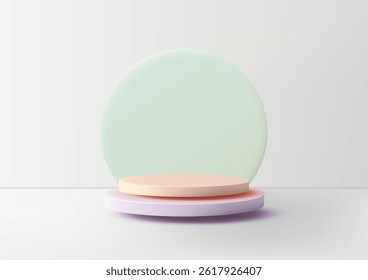 Escena 3D en pastel suave con un podio cilíndrico de melocotón sobre una base púrpura clara con un círculo verde menta, maqueta minimalista de visualización de productos para marcas modernas, presentaciones o imágenes de la sala de exposición