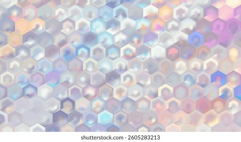 Soft pastel abstract background with 3D hexagonal pattern. Mosaic bg. Mother of pearl honeycomb. Radial light effects, smooth geometric grid. Vector illustration, EPS 10.