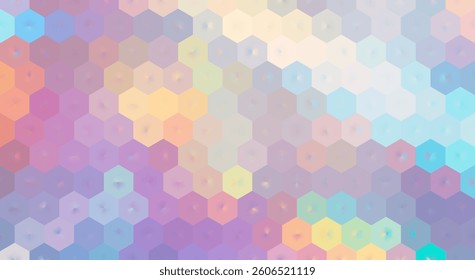 Soft pastel abstract background with 3D hexagonal pattern. Mosaic bg. Mother of pearl honeycomb. Radial light effects, smooth geometric grid. Vector illustration, EPS 10.