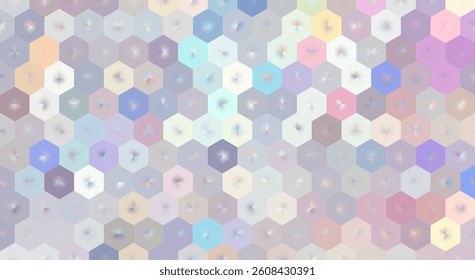 Soft pastel abstract background with 3D hexagonal pattern. Mosaic bg. Mother of pearl honeycomb. Radial light effects, smooth geometric grid. Vector illustration, EPS 10.