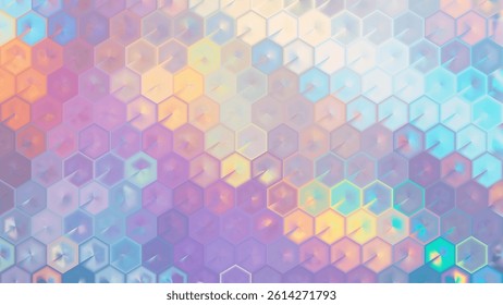 Soft pastel abstract background with 3D hexagonal pattern. Mosaic bg. Mother of pearl honeycomb. Radial light effects, smooth geometric grid. Vector illustration, EPS 10.