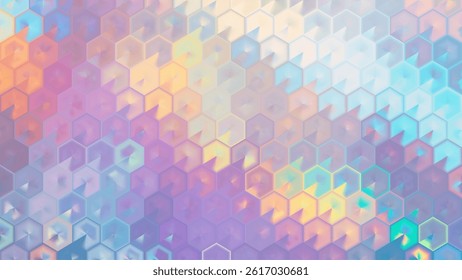 Soft pastel abstract background with 3D hexagonal pattern. Mosaic bg. Mother of pearl honeycomb. Radial light effects, smooth geometric grid. Vector illustration, EPS 10.