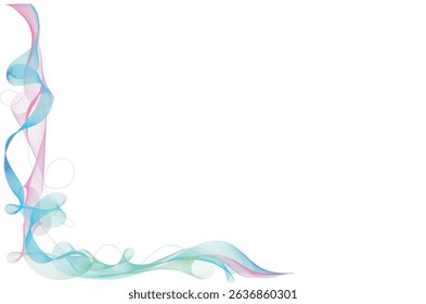 Soft pastel abstract corner border with flowing pink and blue lines on a white background. Elegant wave design forming a left bottom frame, perfect for invitations, digital templates, or art layouts.