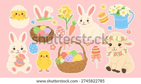 Soft pastel backdrop with Easter-themed characters. Cute bunnies, chicks, and flowers celebrate spring joy. Colorful eggs, baskets, and carrots add festive charm. Characters appear cheerful