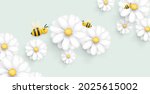 Soft pastel background with 3d realistic chamomile or daisy flower and bee collecting nectar, graphic element for design