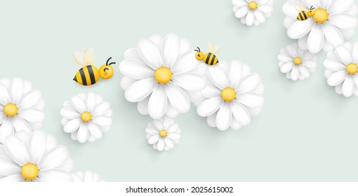 Soft pastel background with 3d realistic chamomile or daisy flower and bee collecting nectar, graphic element for design