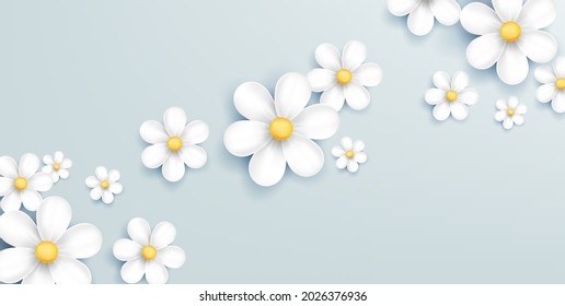 Soft pastel background with 3d realistic chamomile or daisy flower, diagonal stripe of blossom, graphic element for design