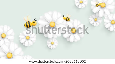 Soft pastel background with 3d realistic chamomile or daisy flower and bee collecting nectar, graphic element for design