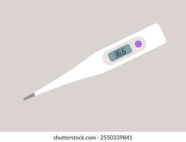 Soft pastel background highlights a digital thermometer showing a normal body temperature of 36,6 degrees, symbolizing health monitoring for individuals and families