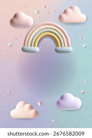 Fondo pastel suave con el arco iris, nubes. Lindo diseño festivo, espacio para el texto. Perfecto para la tarjeta de felicitación o invitación