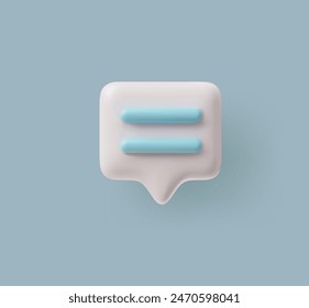 Soft pastel blue 3D speech bubble icon featuring three light blue horizontal lines. Ideal for clean and modern communication concepts. Vector illustration perfect for digital platforms