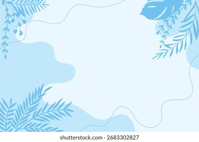 Soft pastel blue background, four corners decorated with soft flowers and leaves, suitable for nature and relaxation projects.