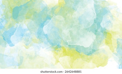 Soft pastel blue green and yellow watercolor washes blend organically creating a seamless texture with light airy feel. The fluid shapes and delicate tones evoke a spring or summer mood.