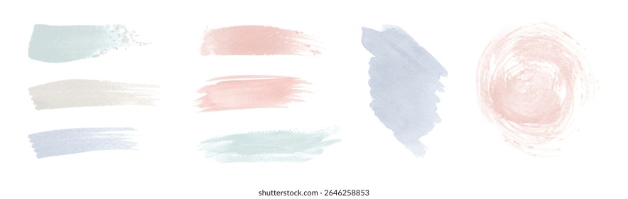 Soft pastel brush strokes in pink, blue, and green. Artistic brush strokes, watercolor texture. Abstract brush strokes, creative design elements. Creative brush strokes, vector set.