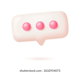 Balão de bate-papo pastel macio com três pontos cor-de-rosa no centro, estilo de desenho animado brilhante, isolado em um fundo branco. Conceito de mensagens ou comunicação. Ilustração vetorial suave 3d