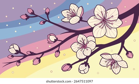 Soft pastel cherry blossoms on a branch against a gentle rainbow background. Elegant vector art perfect for spring and nature themes.