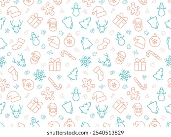 Soft pastel Christmas pattern with icons like mittens, gifts, and snowflakes on white