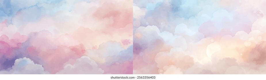 Soft pastel clouds blend harmoniously, creating a serene and dreamy atmosphere.