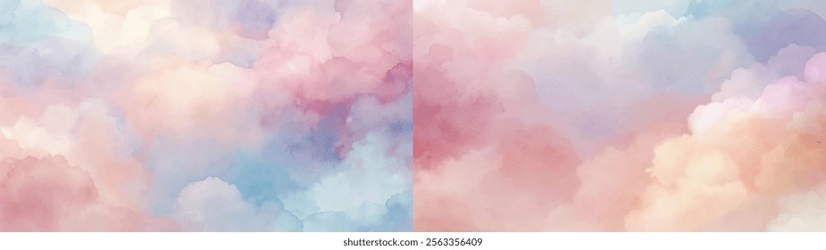 Soft pastel clouds blend harmoniously, creating a serene and dreamy atmosphere.