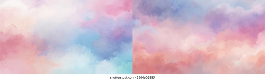 Soft pastel clouds blend harmoniously, creating a dreamy and serene atmosphere.