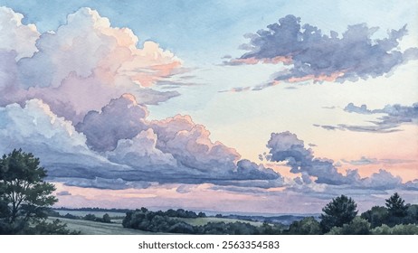 Soft pastel clouds illuminate the sky at dusk, creating a serene and picturesque landscape in watercolor.