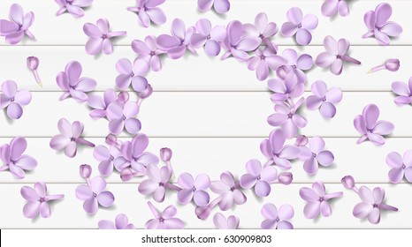 Soft pastel color floral 3d illustration on violet background. Purple Lilac flowers and petals watercolor country style vector illustration template with place for text