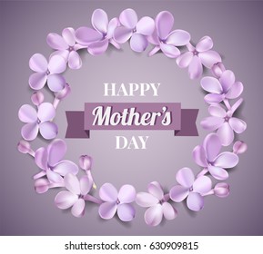 Soft pastel color floral 3d illustration on violet background. Purple Lilac flowers and petals watercolor style vector illustration template with Happy Mother's Day text