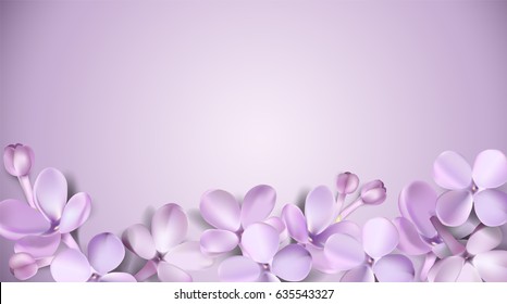 Soft pastel color floral 3d illustration on violet background. Purple Lilac flowers and petals watercolor style vector illustration template with place for text