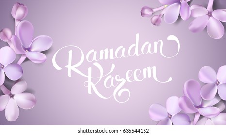 Soft pastel color floral 3d illustration on violet background. Purple Lilac flowers and petals watercolor style vector illustration template with Ramadan Kareem text
