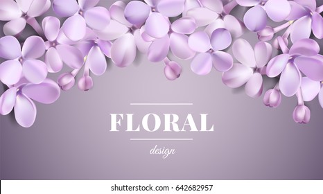 Soft pastel color floral 3d illustration on violet background. Purple Lilac flowers and petals watercolor style vector illustration template with text