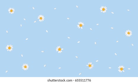 Soft pastel color floral 3d illustration on blue background. Yellow and white wild camomile flowers and petals watercolor style vector illustration template. Eco organic pattern