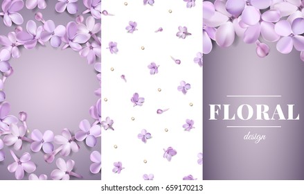 Soft pastel color floral 3d illustration set on violet background. Purple Lilac flowers and petals watercolor style vector illustration template with text. Summer collection