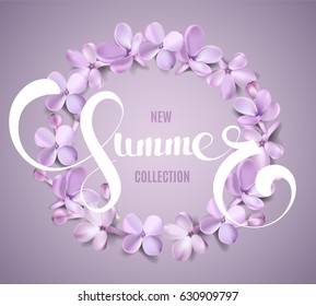 Soft pastel color floral background. Purple Lilac flowers and petals watercolor style vector illustration template with New Summer Collection text
